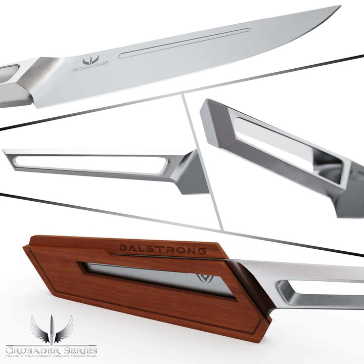 Dalstrong crusader series 5 piece steak knife set featuring it's blade and sheath.