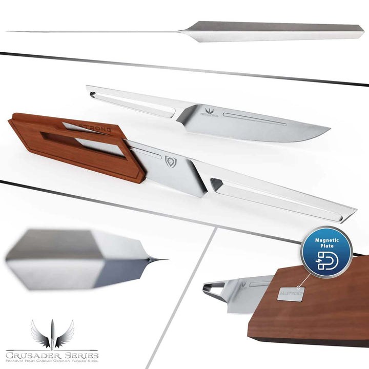 Dalstrong crusader series 5 piece steak knife set featuring it's blade and magnetic plate in the sheath.