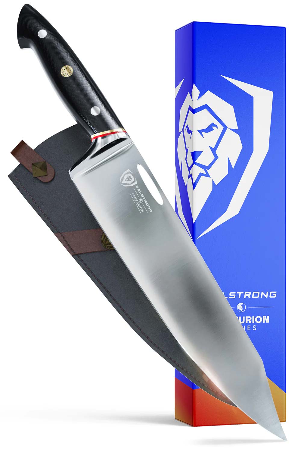 Dalstrong centurion series 10 inch chef knife with black handle in front of it's premium packaging.