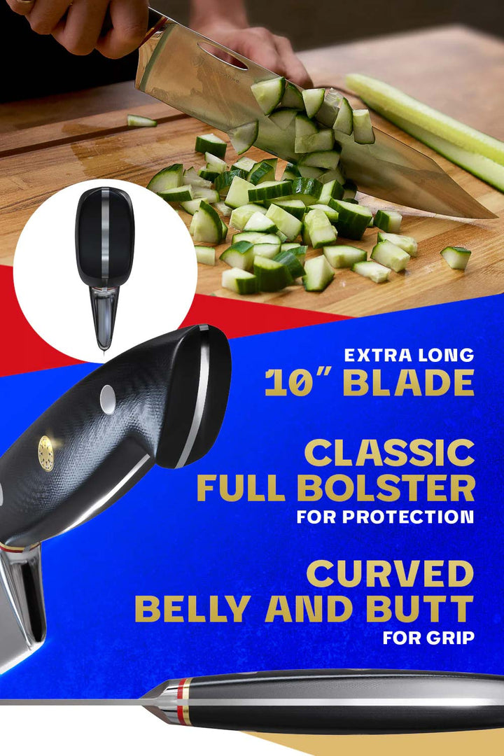 Dalstrong centurion series 10 inch chef knife featuring it's comfortable handle design.