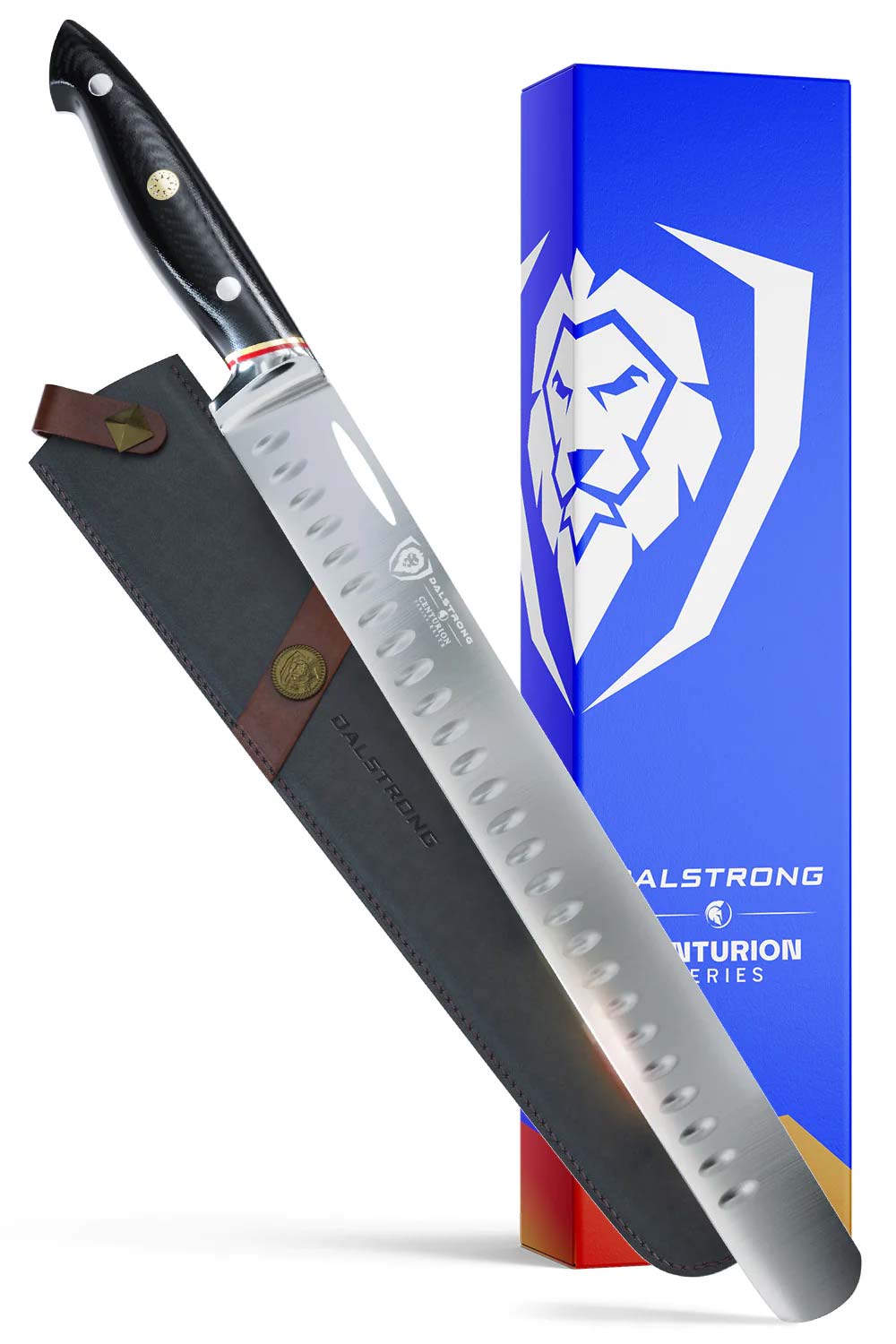Dalstrong centurion series 12 inch slicing and carving knife in front of it's premium packaging.