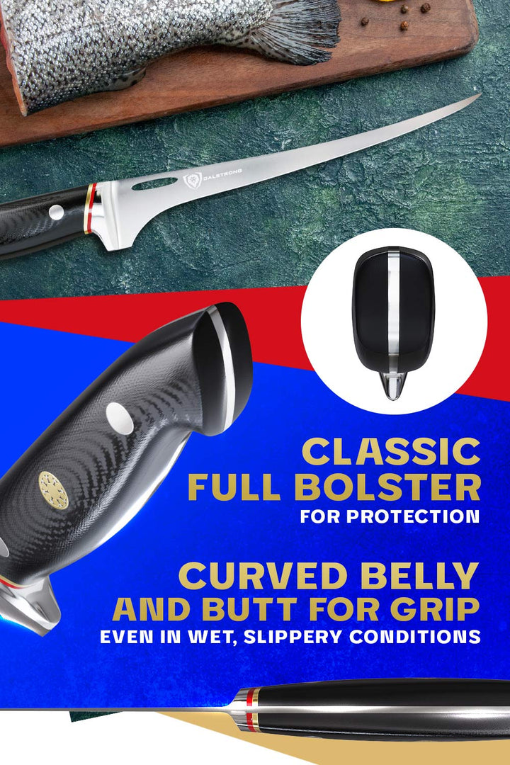Dalstrong centurion series 7 inch fillet knife featuring it's comfortable curved handle design.