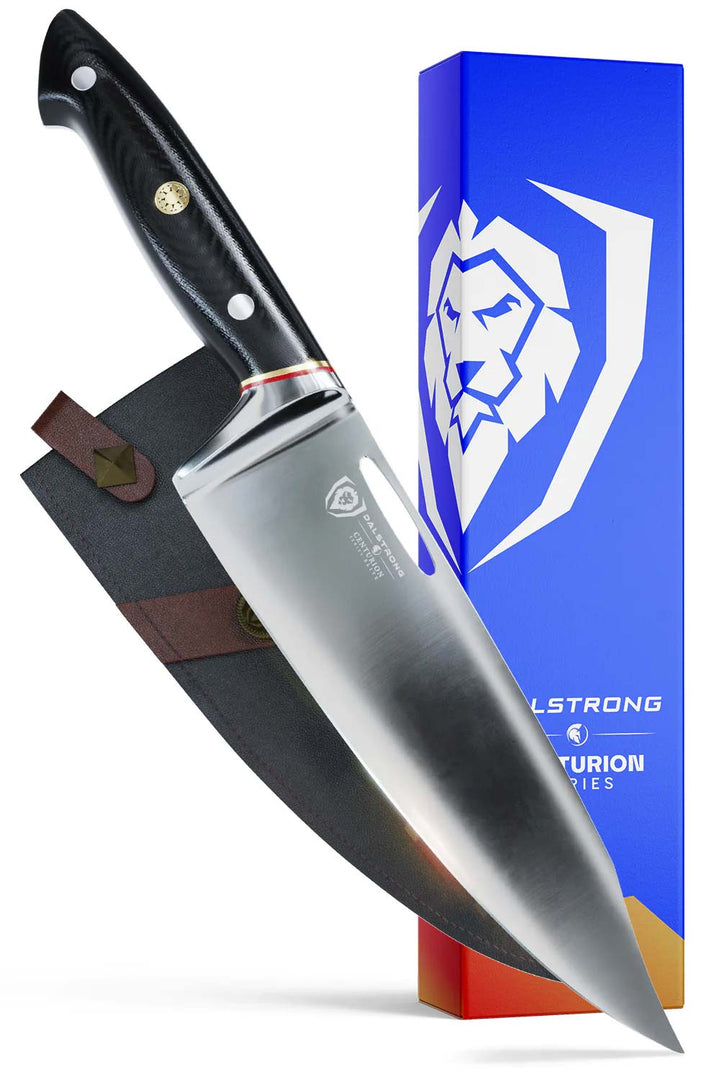 Dalstrong centurion series 8 inch chef knife with black handle inside it's premium packaging.