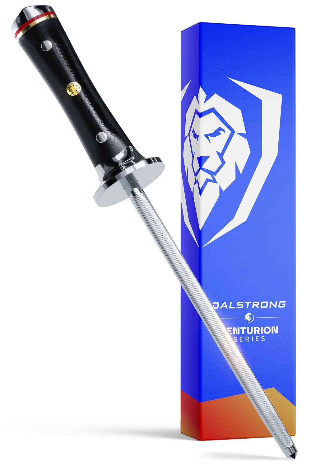 Dalstrong centurion series 8 inch honing steel with black handle in front of it's premium packaging.