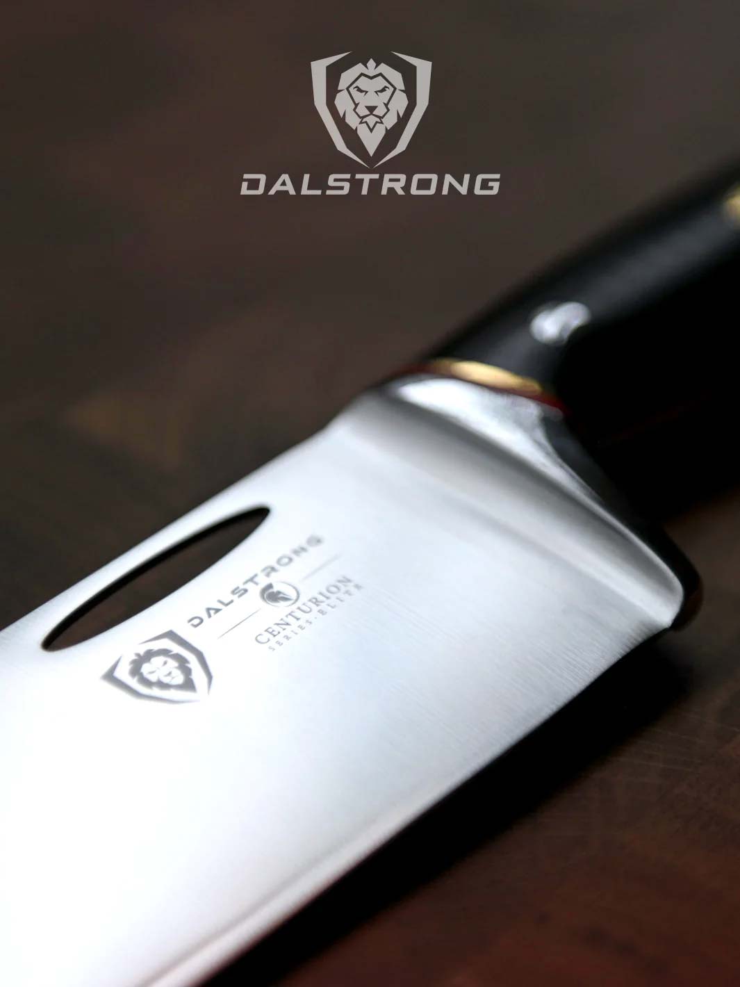 Dalstrong centurion series 10 inch chef knife with black handle showcasing the dalstrong logo in the blade.