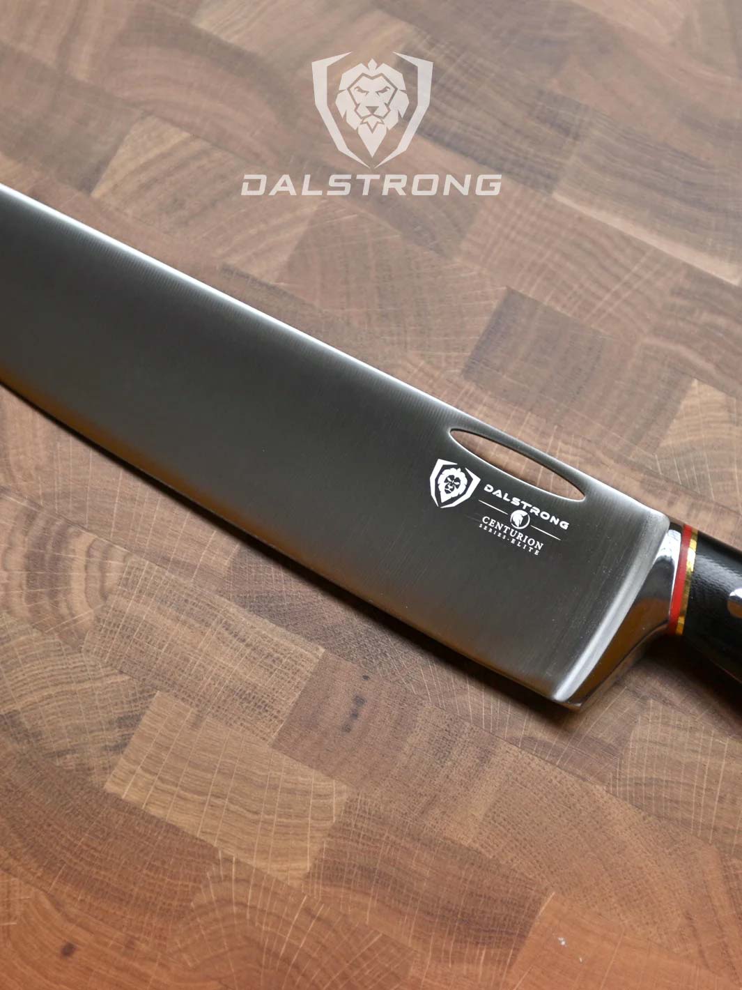 Dalstrong centurion series 10 inch chef knife with black handle showcasing it's blade.