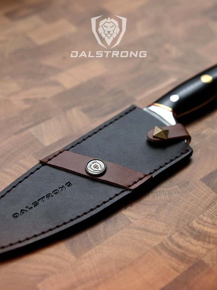Dalstrong centurion series 8 inch chef knife inside it's black sheath.