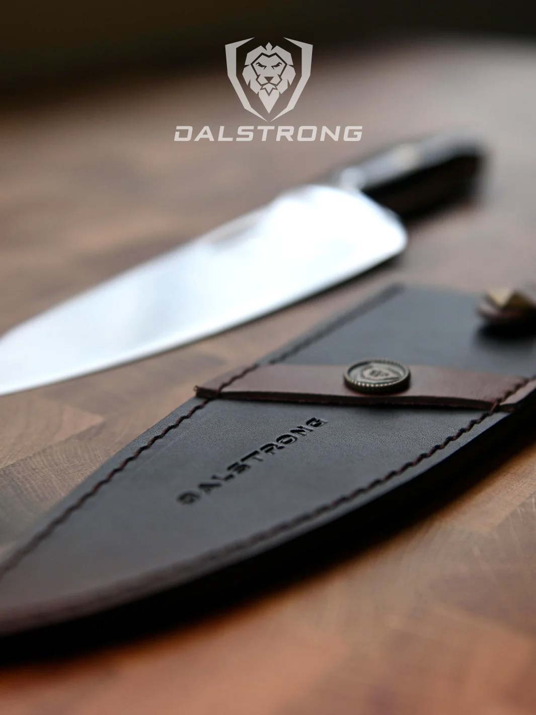 Dalstrong centurion series 8 inch chef knife beside it's black sheath.