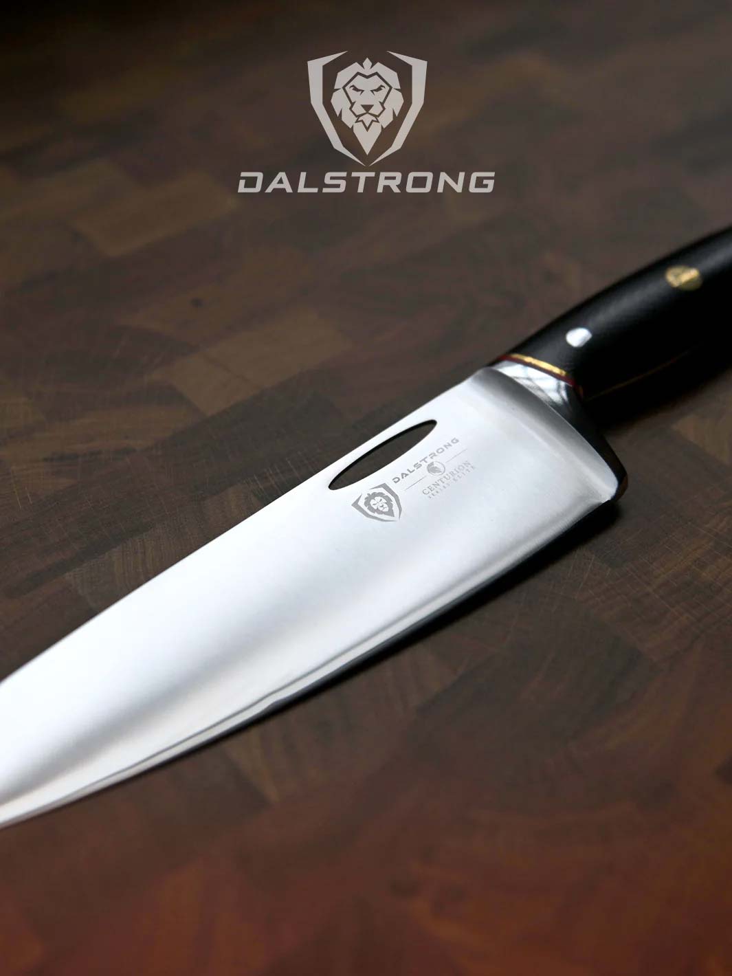 Dalstrong centurion series 8 inch chef knife with black handle on a cutting board.