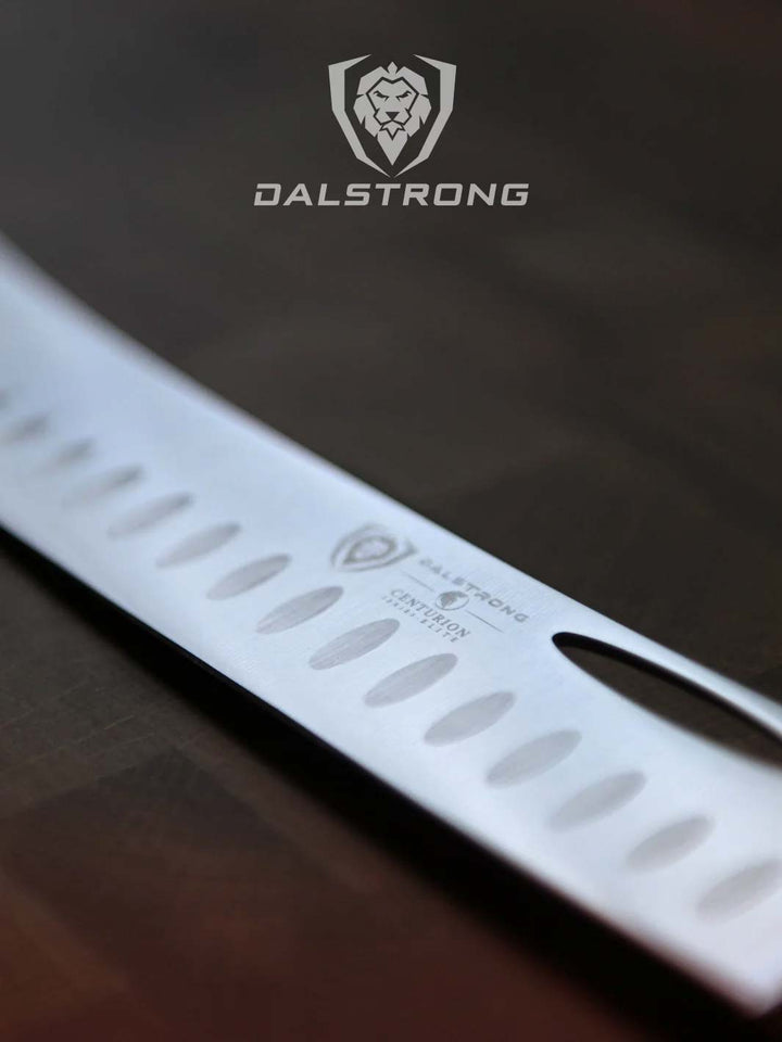 Dalstrong centurion series 10 inch butcher and breaking knife featuring it's long blade.