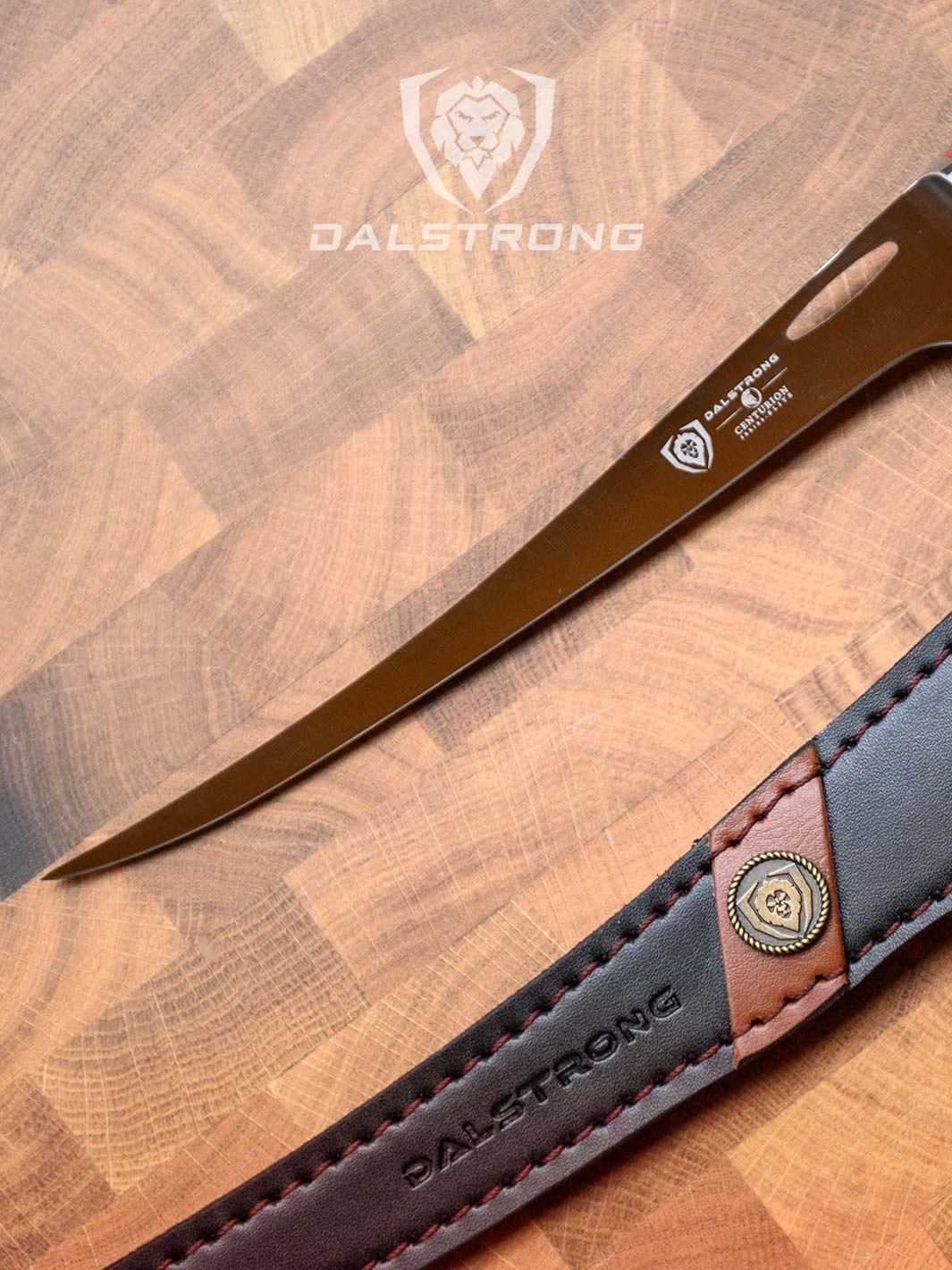 Dalstrong centurion series 7 inch fillet knife with black handle beside it's black sheath.