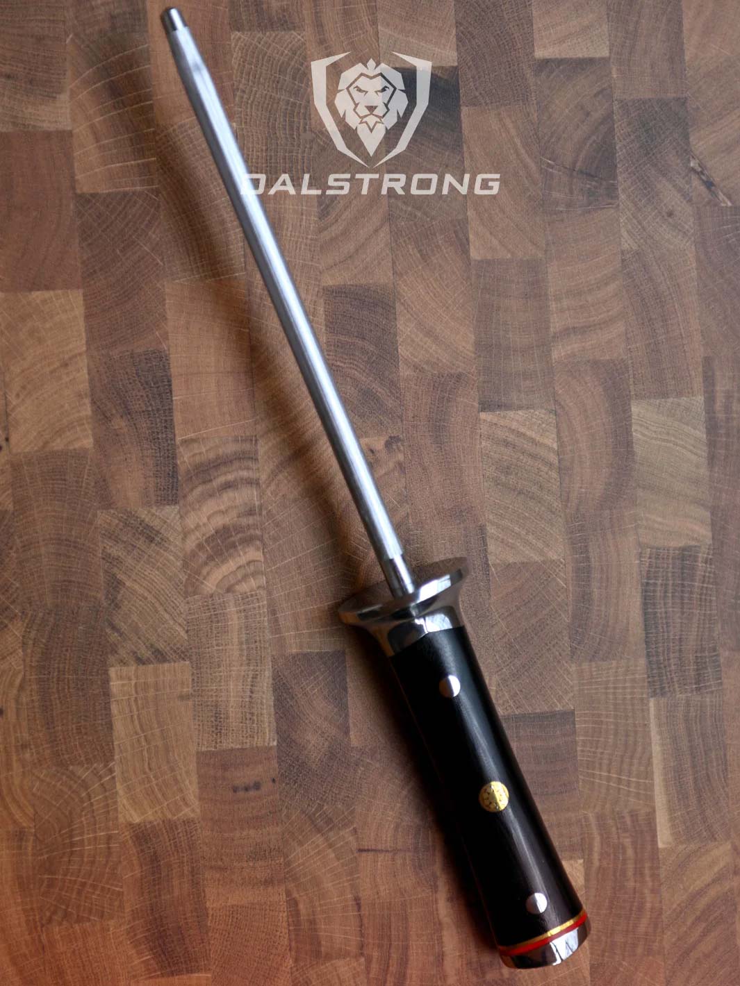Dalstrong centurion series 8 inch honing steel with black handle on a cutting board.