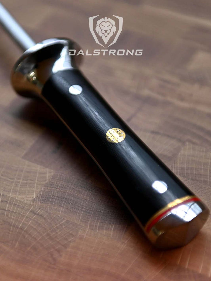 Dalstrong centurion series 8 inch honing steel showcasing it's ergonomic black handle.