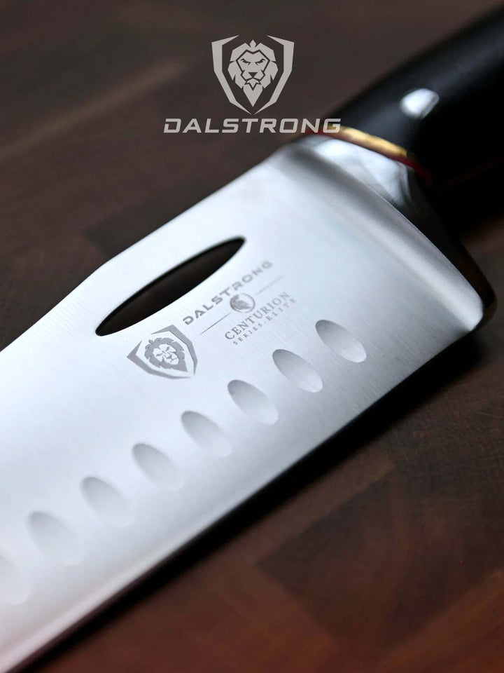 Dalstrong centurion series 7 inch nakiri knife showcasing it's blade and dalstrong logo on it.