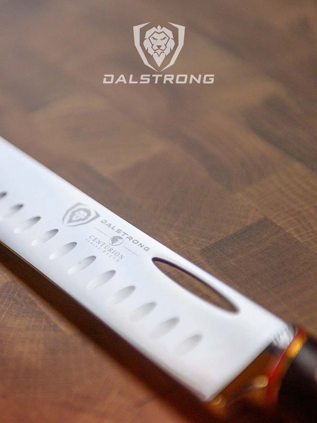 Dalstrong centurion series 12 inch slicing and carving knife on top of a cutting board.