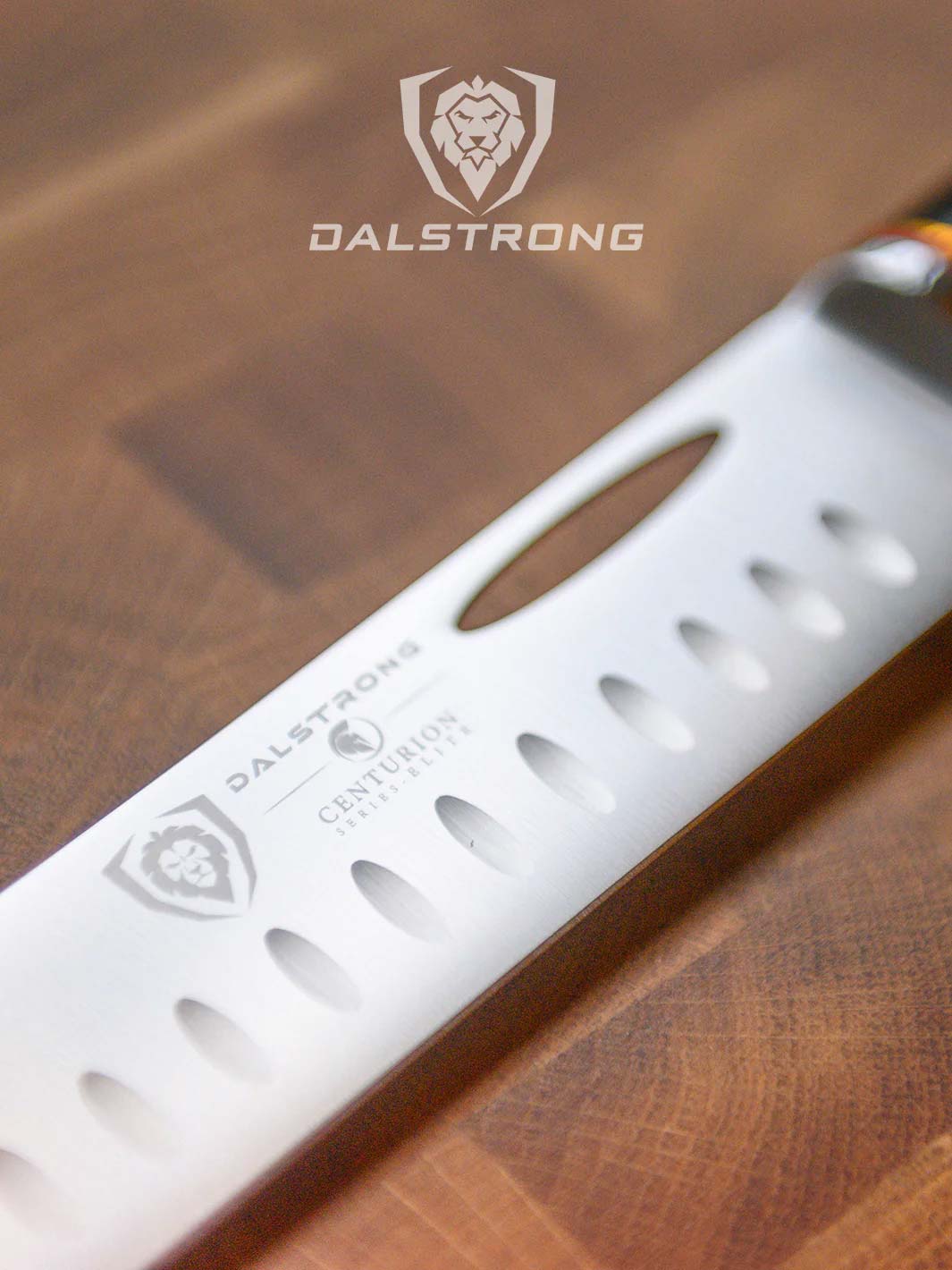 Dalstrong centurion series 12 inch slicing and carving knife with black handle featuring it's blade.