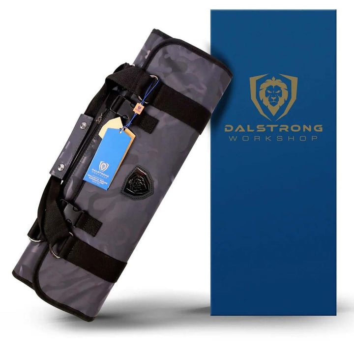 Dalstrong ballistic series dark camo premium knife roll in front of it's packaging.