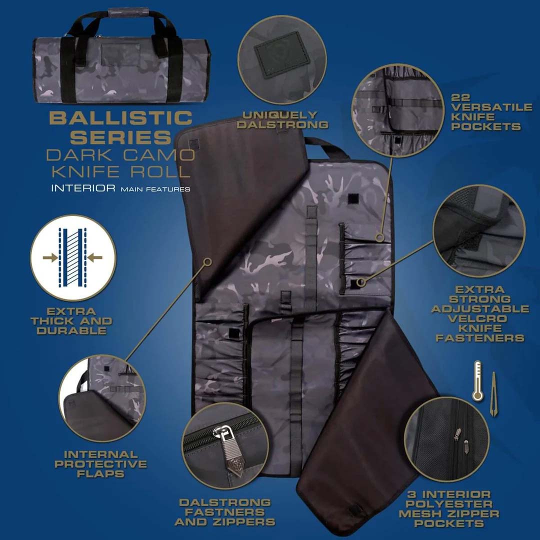 Dalstrong ballistic series dark camo premium knife roll featuring it's interior main design.