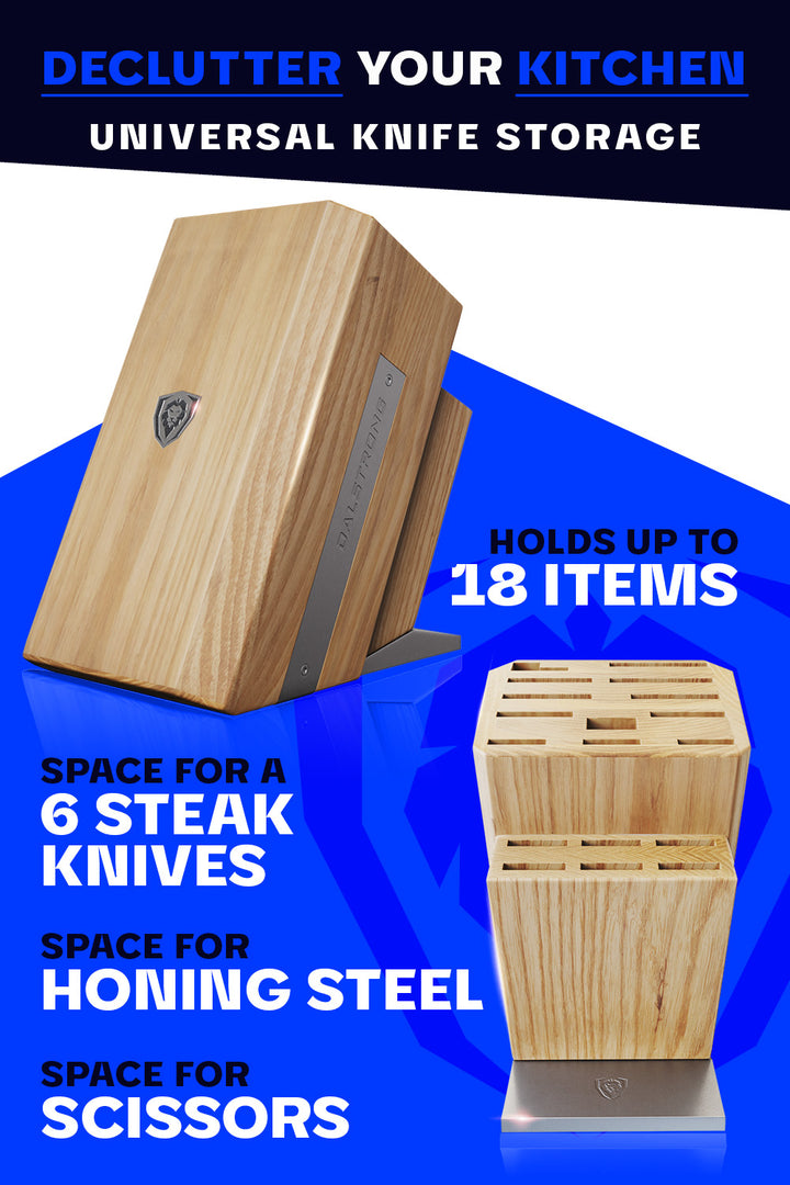 Dalstrong 18 slots universal knife block featuring it's knife storage design.