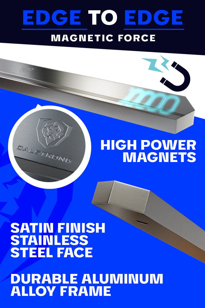 Dalstrong magnetic bar stainless wall knife holder featuring it's durable aluminum alloy frame.