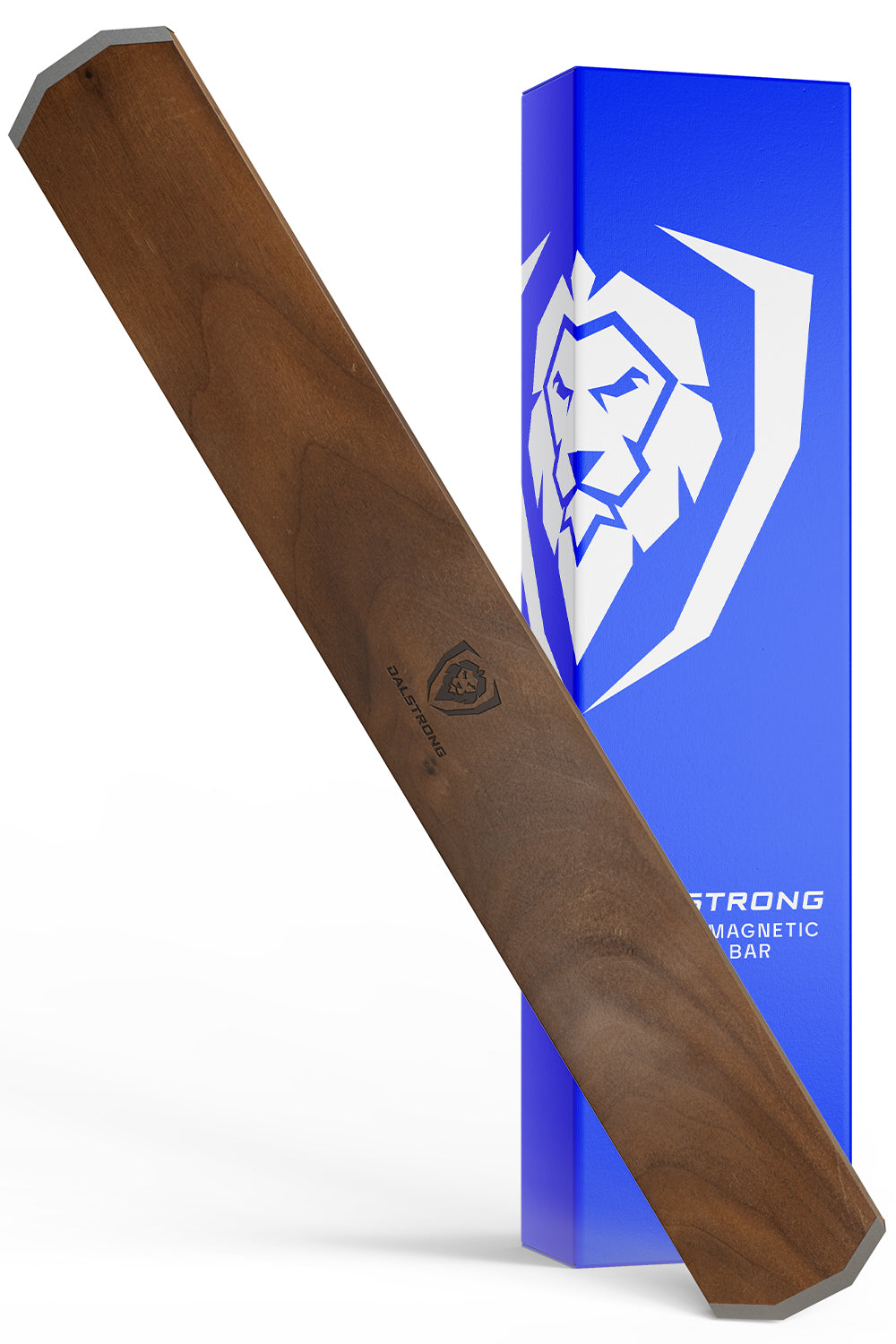 Dalstrong magnetic bar walnut wall knife holder in front of it's premium packaging.