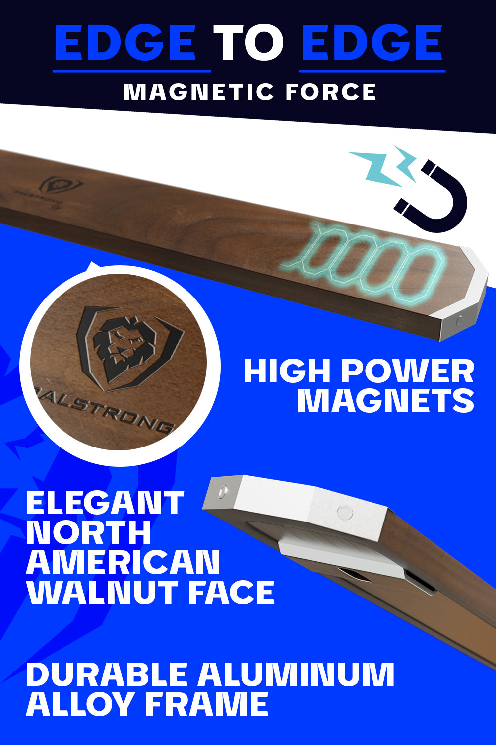 Dalstrong magnetic bar walnut wall knife holder featuring it's durable aluminum alloy frame.