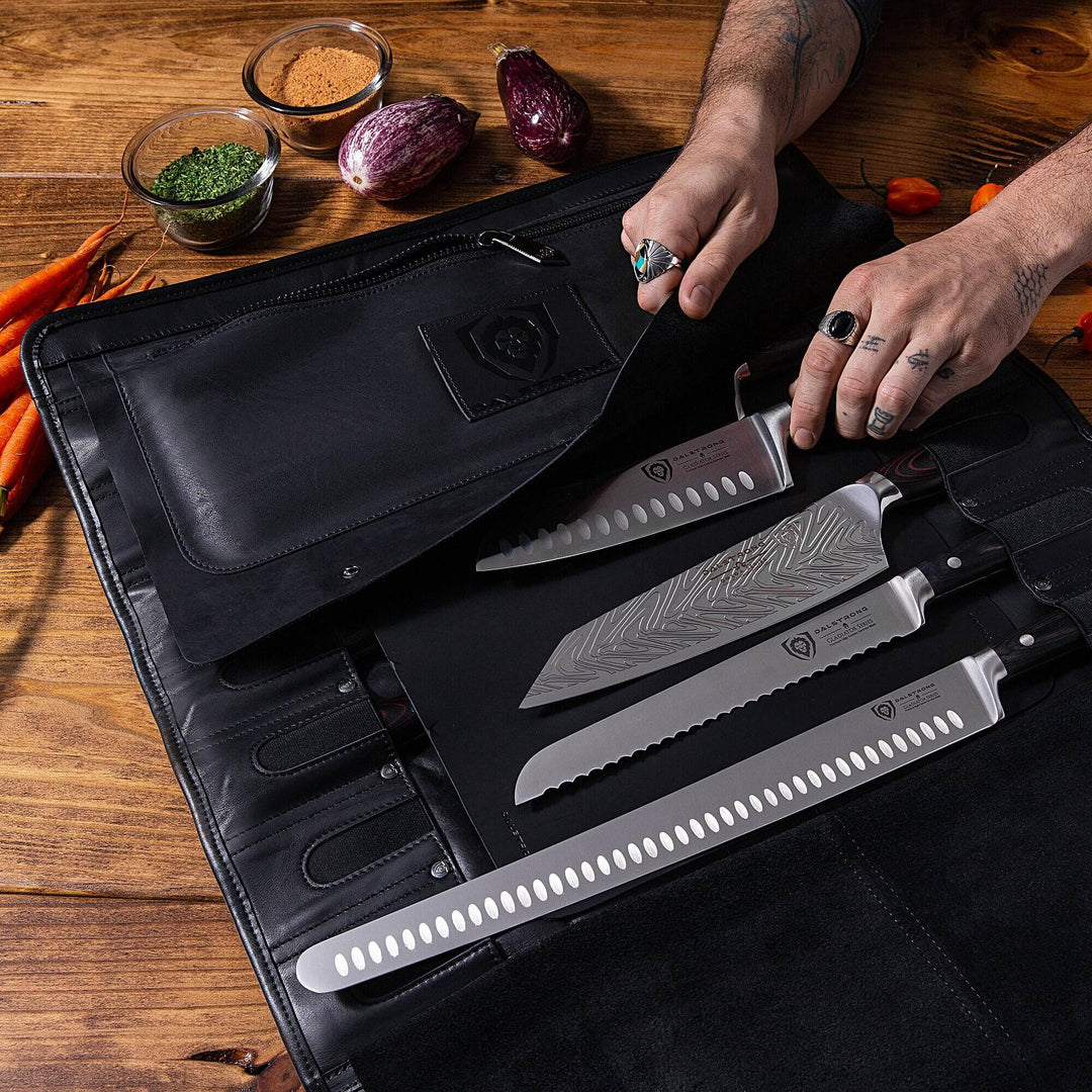 Dalstrong full grain leather midnight black vagabond knife roll with knives inside.