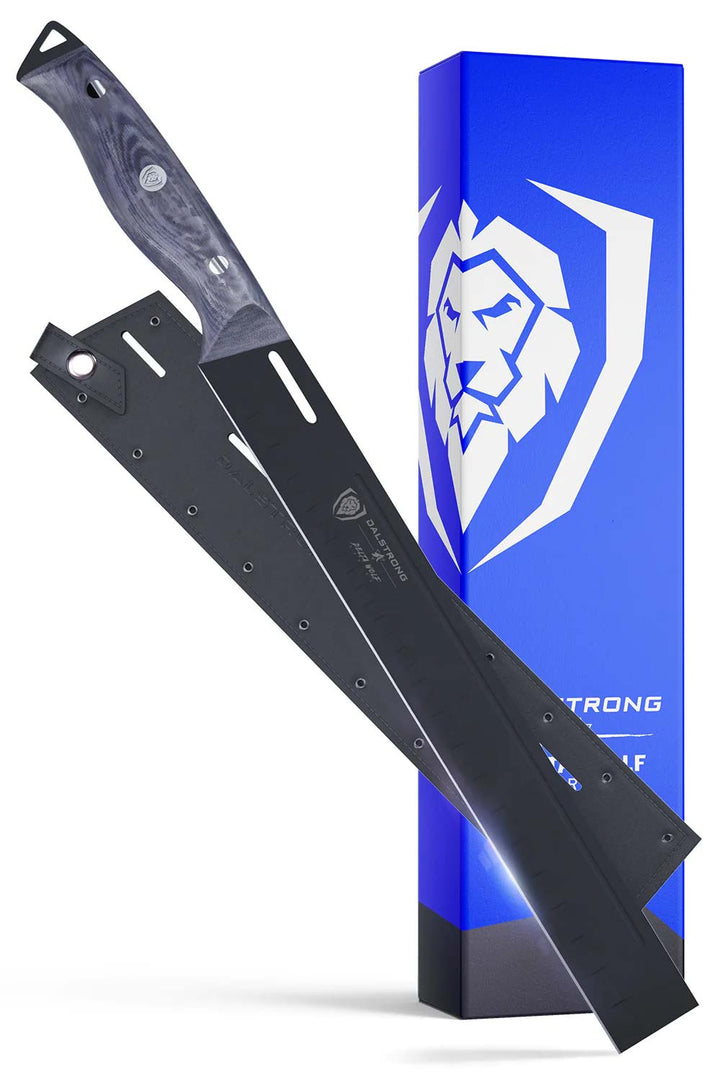 Dalstrong delta wolf series 12 inch slicing and carving knife in front of it's premium packaging.