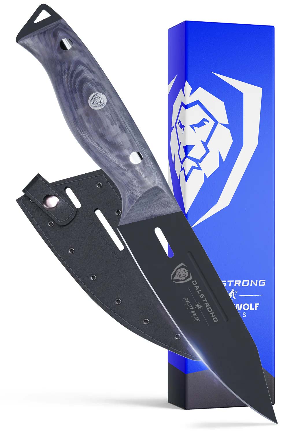 Dalstrong delta wolf series 4 inch paring knife in front of it's premium packaging.