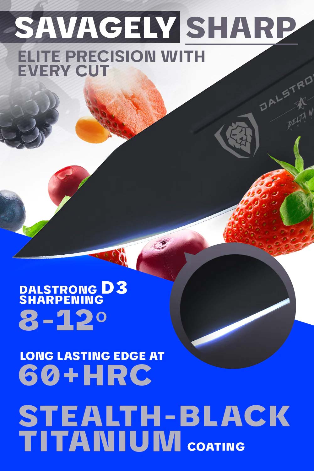 Dalstrong delta wolf series 4 inch paring knife featuring it's razor sharp black blade.