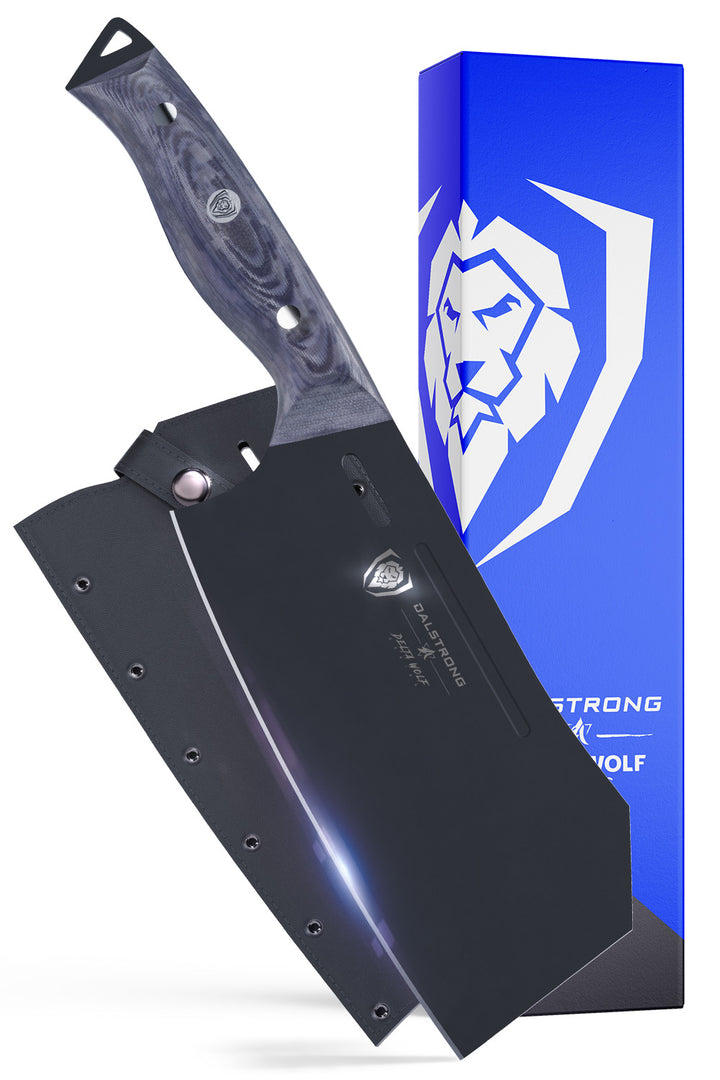 Dalstrong delta wolf series 7 inch cleaver knife in front of it's premium packaging.
