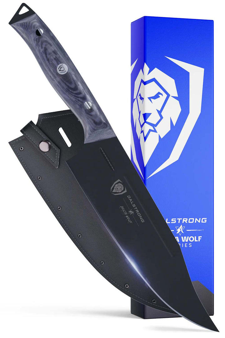 Dalstrong delta wolf series 8 inch chef knife in front of it's premium packaging.