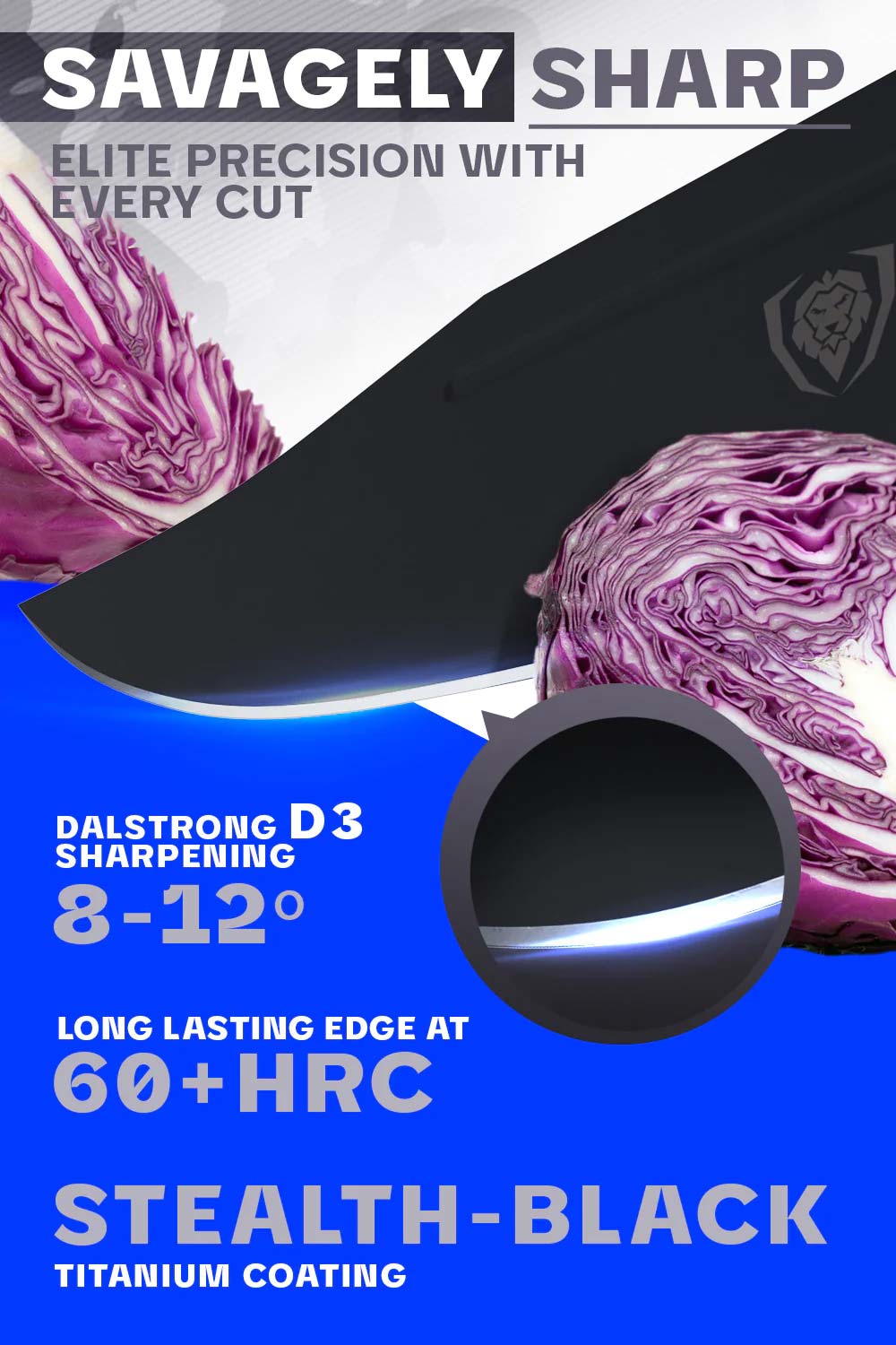 Dalstrong delta wolf series 8 inch chef knife featuring it's razor sharp black blade.