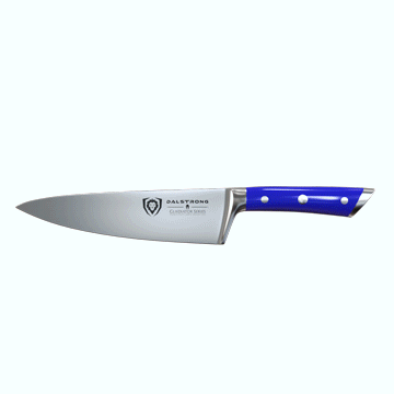 Dalstrong gladiator series 8 inch chef knife with blue handle in all angles.