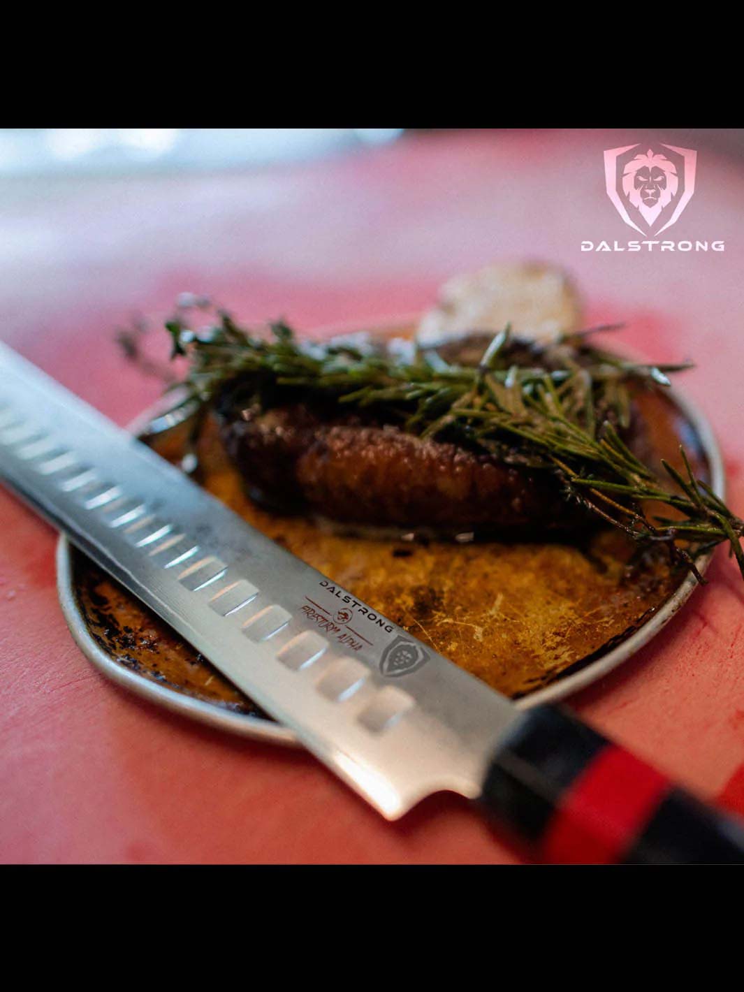 Dalstrong firestorm alpha series 12 inch slicer knife with wooden handle and a steak.