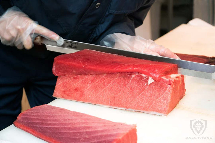 Dalstrong firestorm alpha series 17 inch helios slicer knife and a large cut of tuna meat.