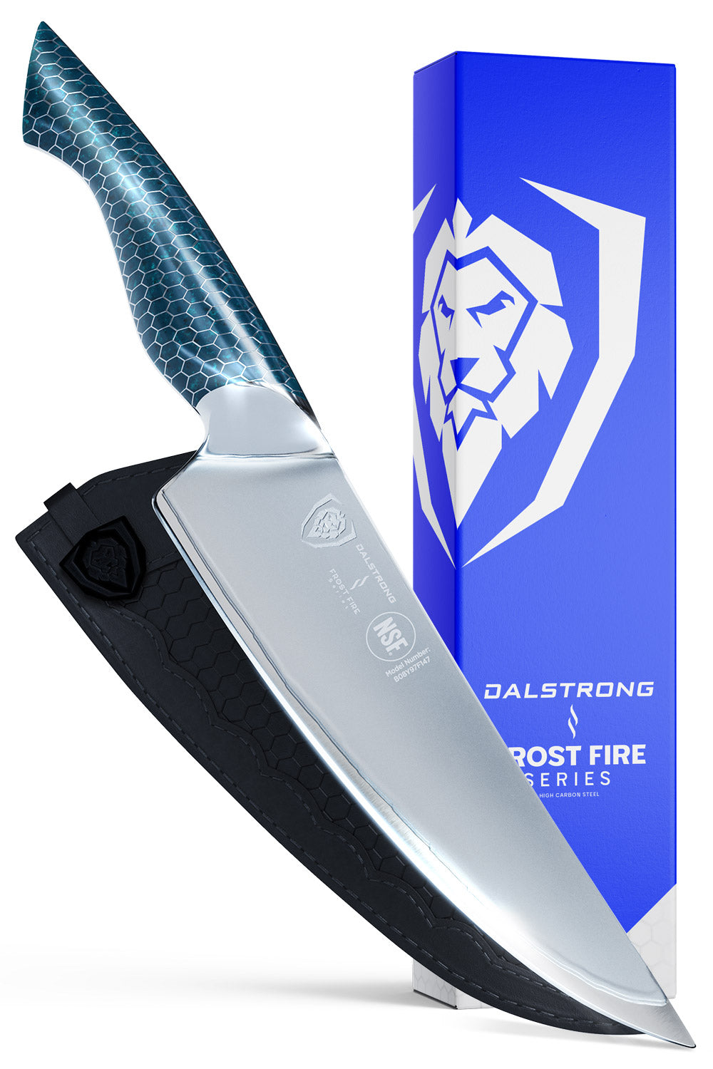 Dalstrong frost fire series 8 inch chef knife with blue honeycomb handle in front of it's premium packaging.