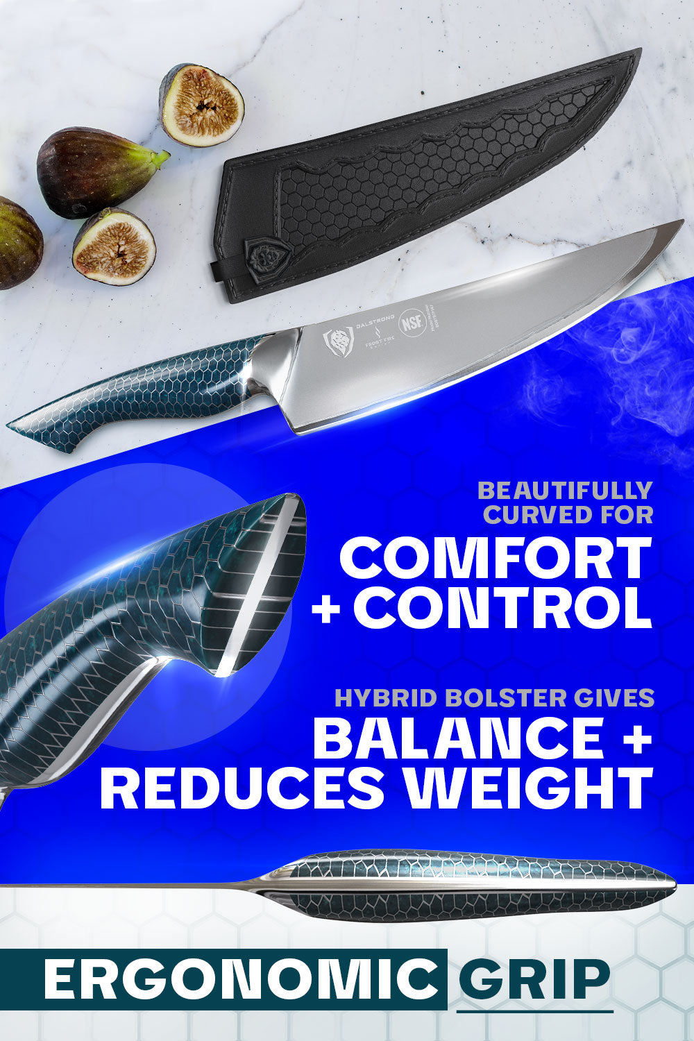 Dalstrong frost fire series 8 inch chef knife featuring it's comfortable and ergonomic blue honeycomb handle.