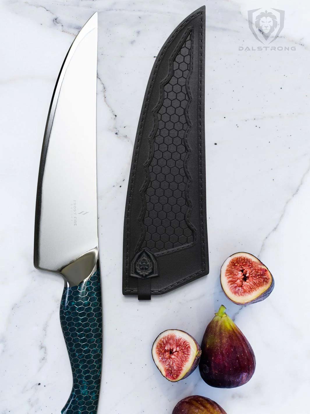 Dalstrong frost fire series 8 inch chef knife with blue honeycomb handle beside it's black sheath.