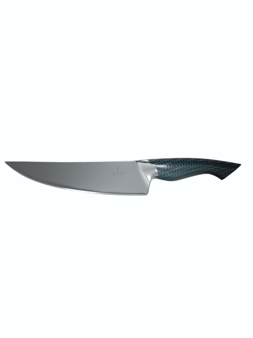 Dalstrong frost fire series 8 inch chef knife with blue honeycomb handle in all angles.