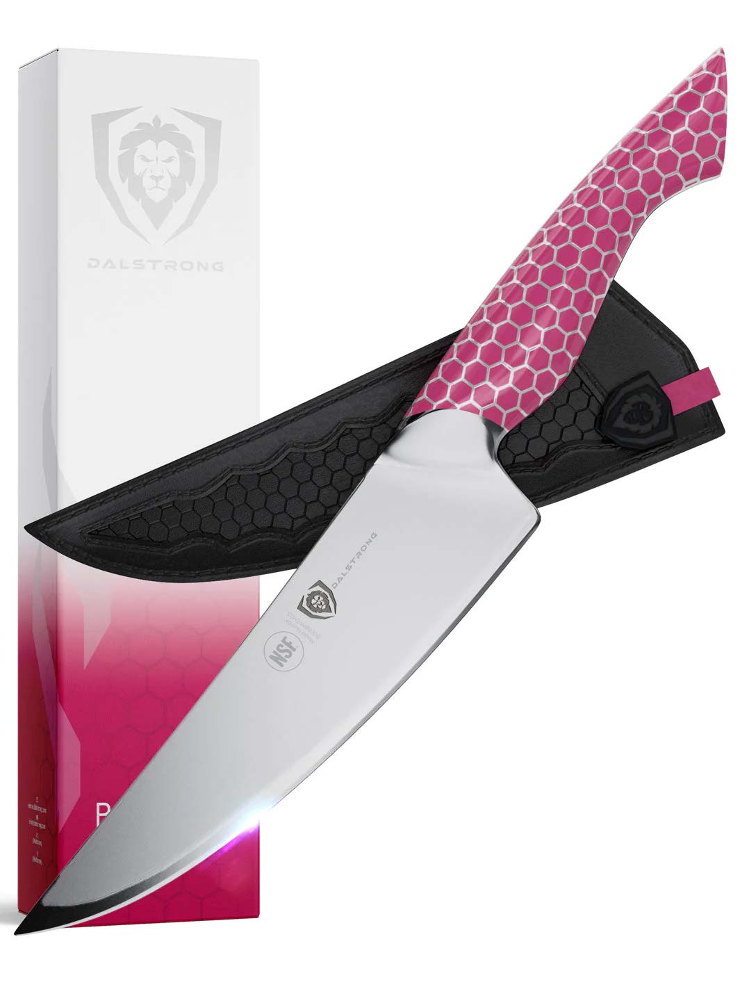 Dalstrong frost fire series 8 inch chef knife with pink handle and black sheath in front of it's premium packaging.