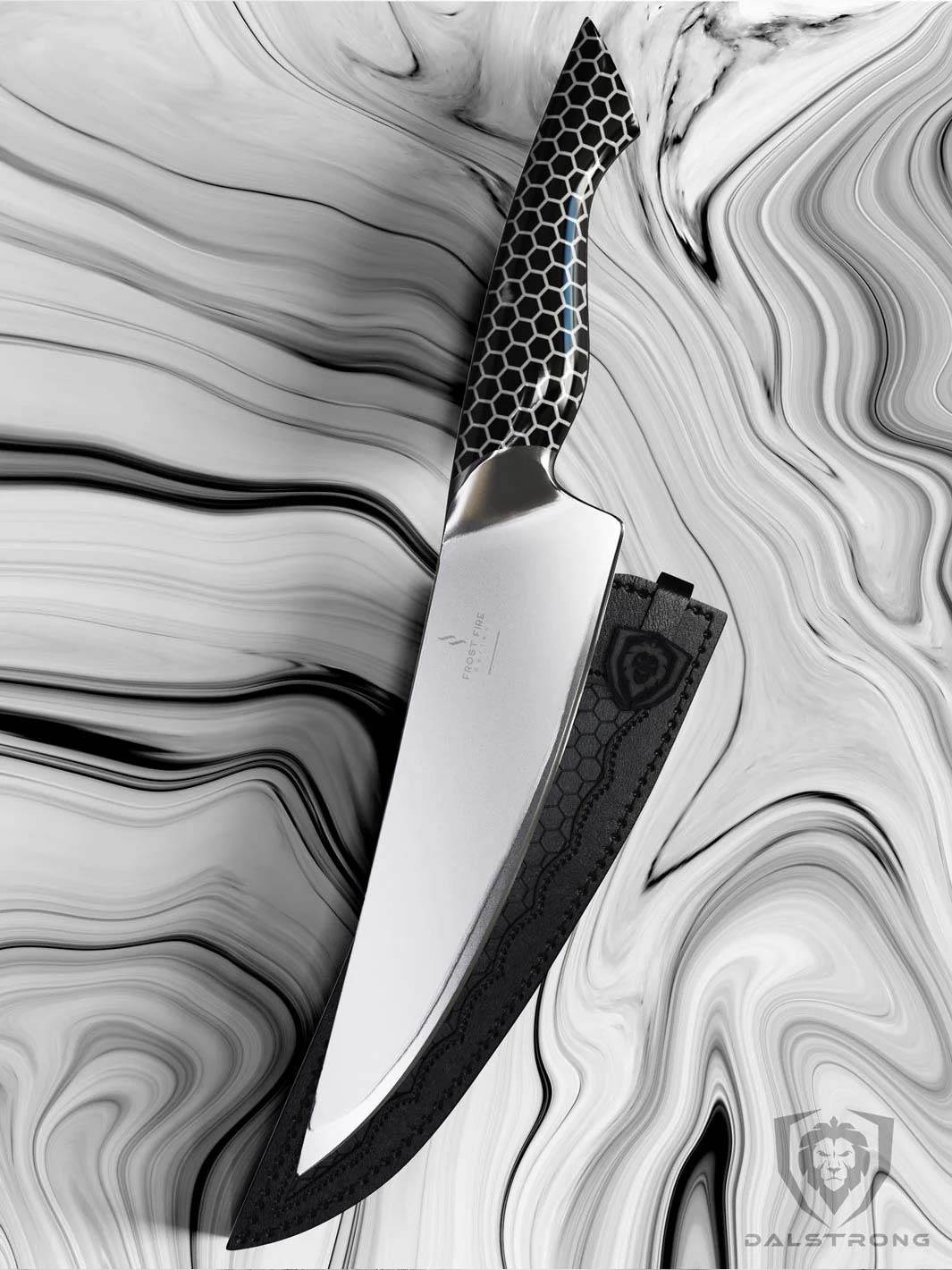 Dalstrong frost fire series 8 inch chef knife with dark ice handle with it's black sheath.