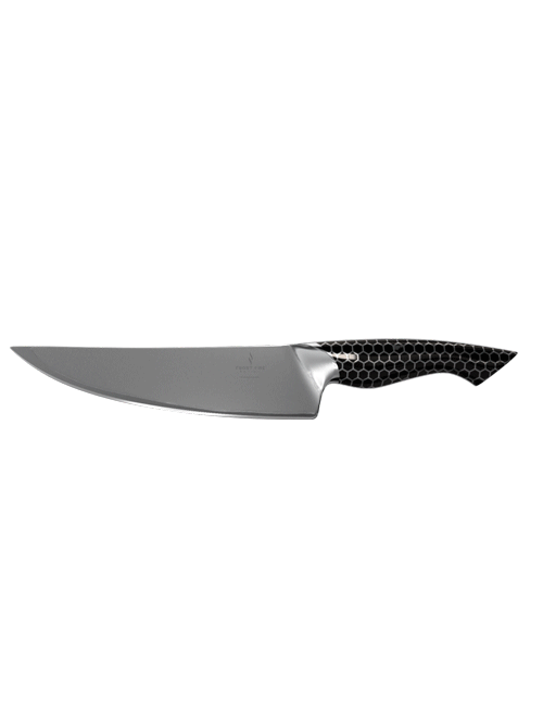 Dalstrong frost fire series 8 inch chef knife with dark ice handle in all angles.
