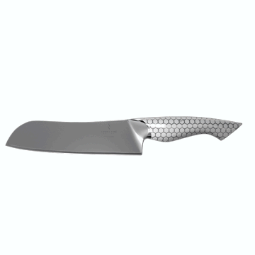 Dalstrong frost fire series 7 inch santoku knife with white handle in all angles.