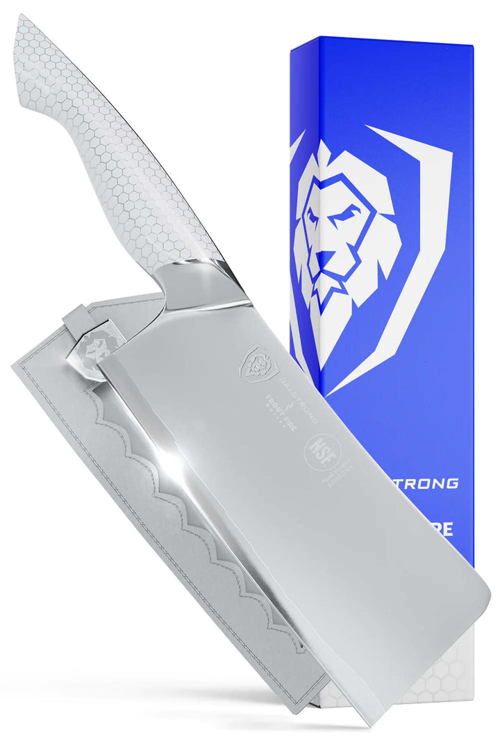 Dalstrong frost fire series 7 inch cleaver knife with white honeycomb handle in front of it's premium packaging.