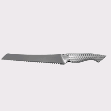 Dalstrong frost fire series 8 inch bread knife with white honeycomb handl in all angles.