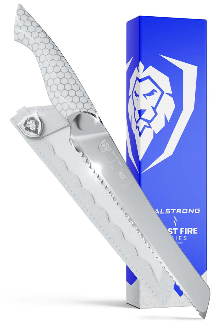 Dalstrong frost fire series 8 inch bread knife with white honeycomb handl in front of it's premium packaging.