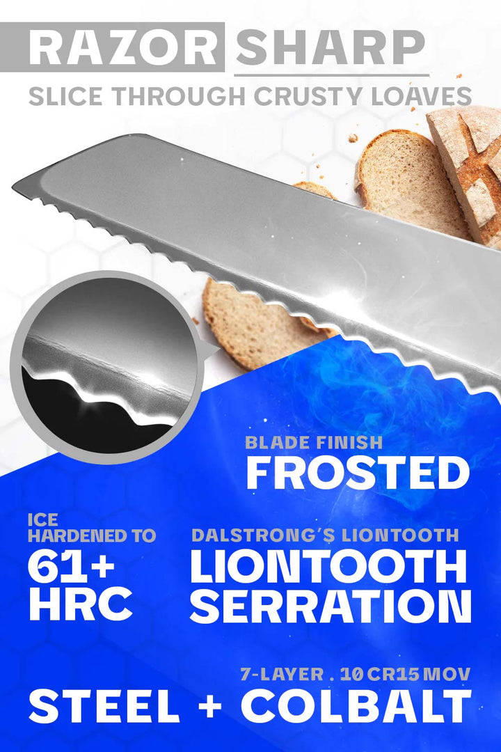 Dalstrong frost fire series 8 inch bread knife with white honeycomb handl featuring it's razor sharp blade.