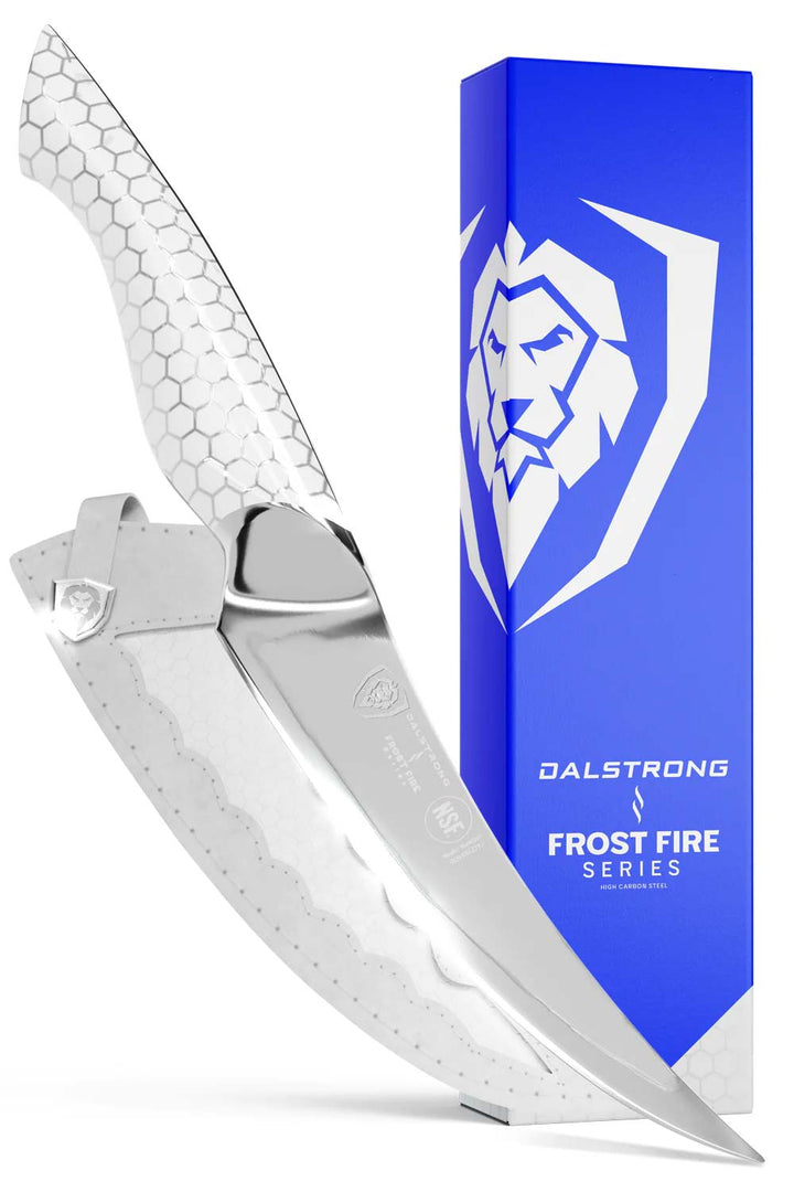 Dalstrong frost fire series 6 inch fillet knife with white honeycomb handle in front of it's premium packaging.