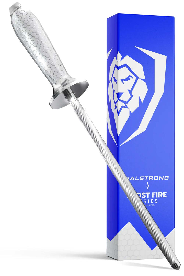 Dalstrong frost fire series 10 inch honing rod with white honeycomb handle in front of it's premium packaging.